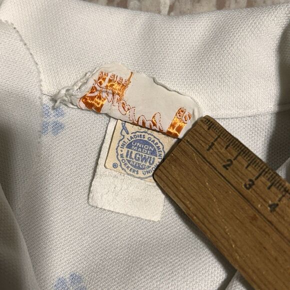 70s Boho White Button Down Shirt w/Floral Print Trim Collared - Small‎ - Picture 8 of 9